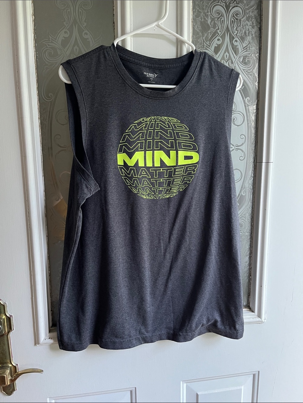 Old Navy Men's Charcoal Gray Muscle Tank with Neon Yellow Graphic